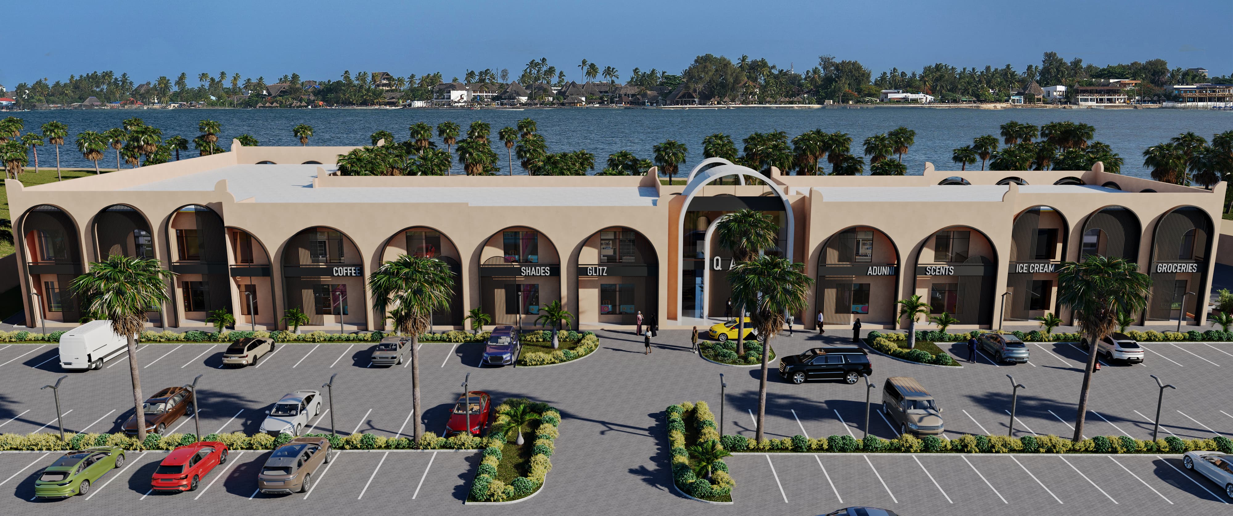 Lakeside commercial development facade design and 3D visualization, Jabi Lake, Abuja